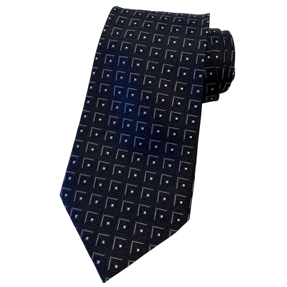 Croft & Barrow Black‎ 100% Silk Tie Geometric Square Pattern Formal Career